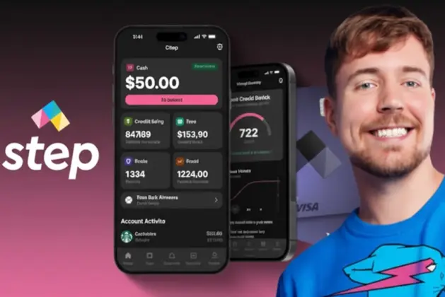 aplicación Step sobre un fondo moderno, representando la nueva era de la banca digital MrBeast para jóvenes y estudiantes