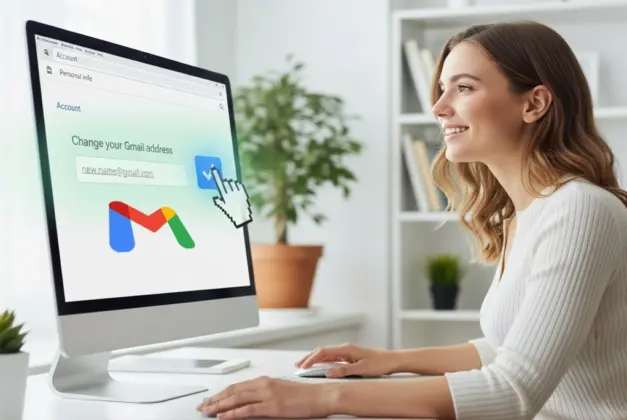 joven renovando con un clic la dirección de su buzón de Gmail en una pantalla, representando el concepto de cambiar nombre correo gmail de forma fácil.