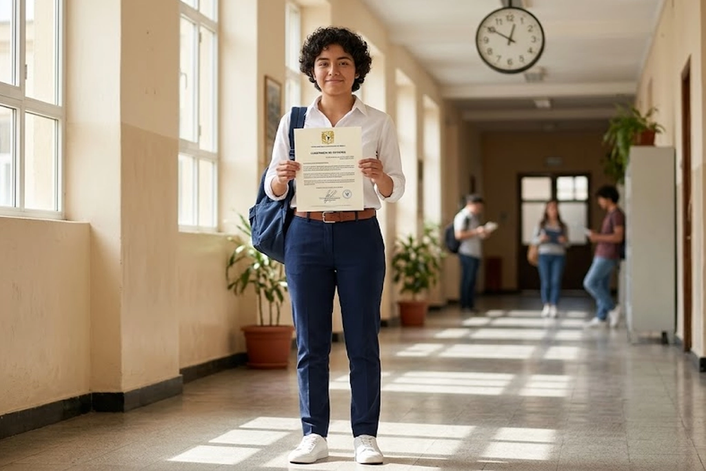 Joven obteniendo su constancia UNAM bachillerato en ventanilla de control escolar, documento oficial con escudo de la UNAM.