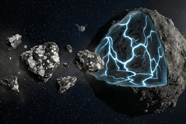 Imagen conceptual del asteroide Bennu con vetas brillantes que simulan canales de agua en su interior, junto a fragmentos de roca con zonas oscuras y claras, representando los dominios químicos hallados por la misión OSIRIS-REx.