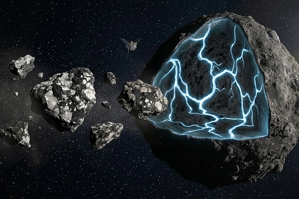 Imagen conceptual del asteroide Bennu con vetas brillantes que simulan canales de agua en su interior, junto a fragmentos de roca con zonas oscuras y claras, representando los dominios químicos hallados por la misión OSIRIS-REx.