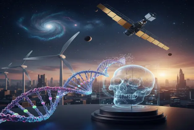 imagen realista que representa los principales avances científicos del año 2025: turbinas eólicas, secuencias de ADN, un telescopio y el cráneo de un denisovano.
