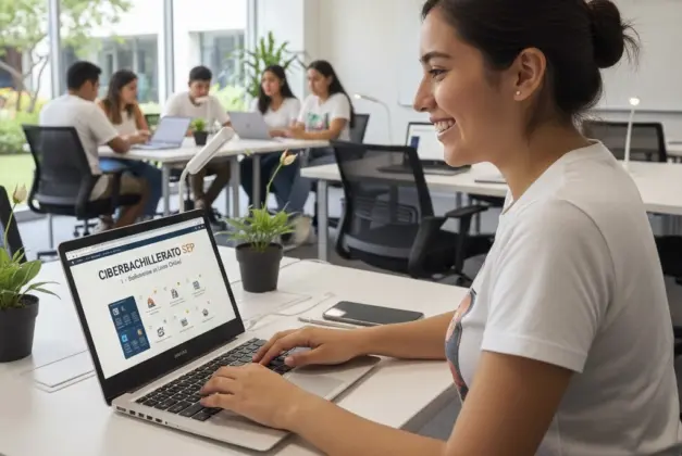 Joven estudiante sonriente usando una laptop en un aula moderna, representando la experiencia de estudio en el ciberbachillerato SEP, bachillerato en línea oficial.