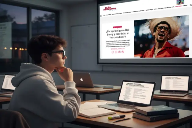 Estudiante universitario analizando letras de Bad Bunny en un aula, representando el impacto de Bad Bunny en universidades como fenómeno de estudio académico.