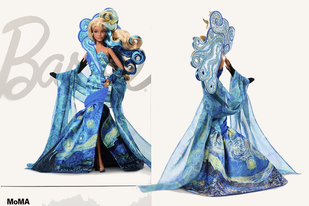 Muñeca Barbie edición especial Van Gogh vistiendo un vestido inspirado en el cuadro La Noche Estrellada, sobre fondo de lujo.