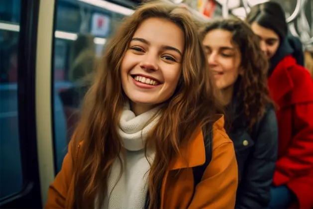 Estudiante universitaria sonriente en el transporte público, representando los beneficios de una beca de transporte para universitarios.