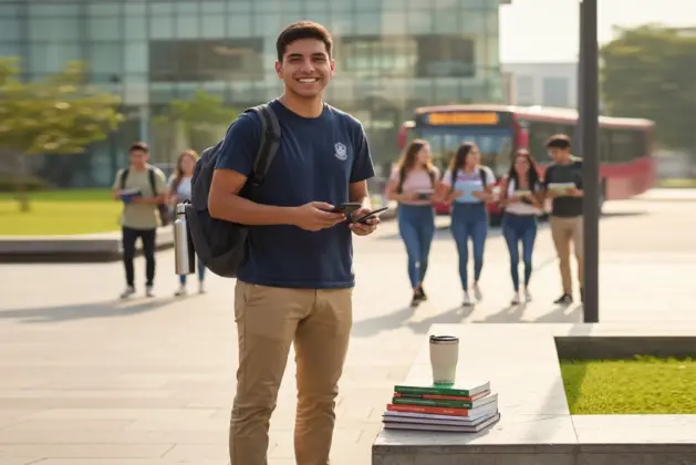 Estudiante universitario sonriente con una mochila, representando los beneficios de la Beca Gertrudis Bocanegra para transporte y gastos educativos.