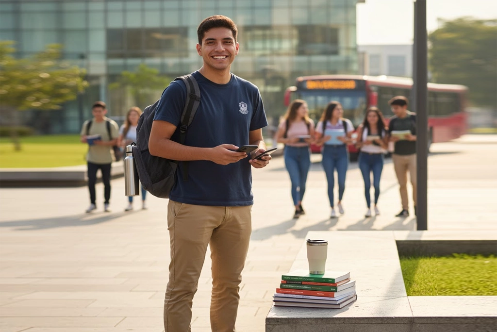 Estudiante universitario sonriente con una mochila, representando los beneficios de la Beca Gertrudis Bocanegra para transporte y gastos educativos.