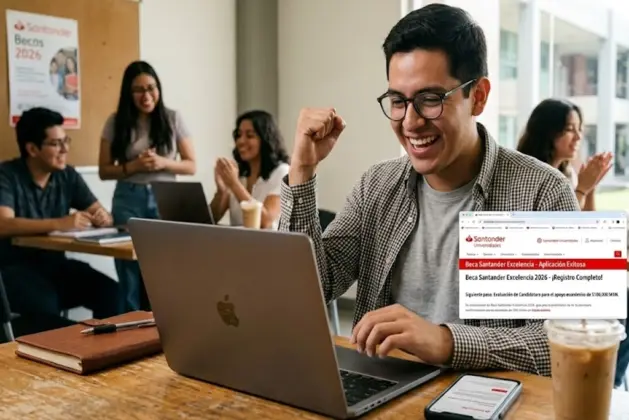 Estudiante universitario celebrando con su laptop mientras aplica a la Beca Santander Excelencia para obtener 100 mil pesos de apoyo económico