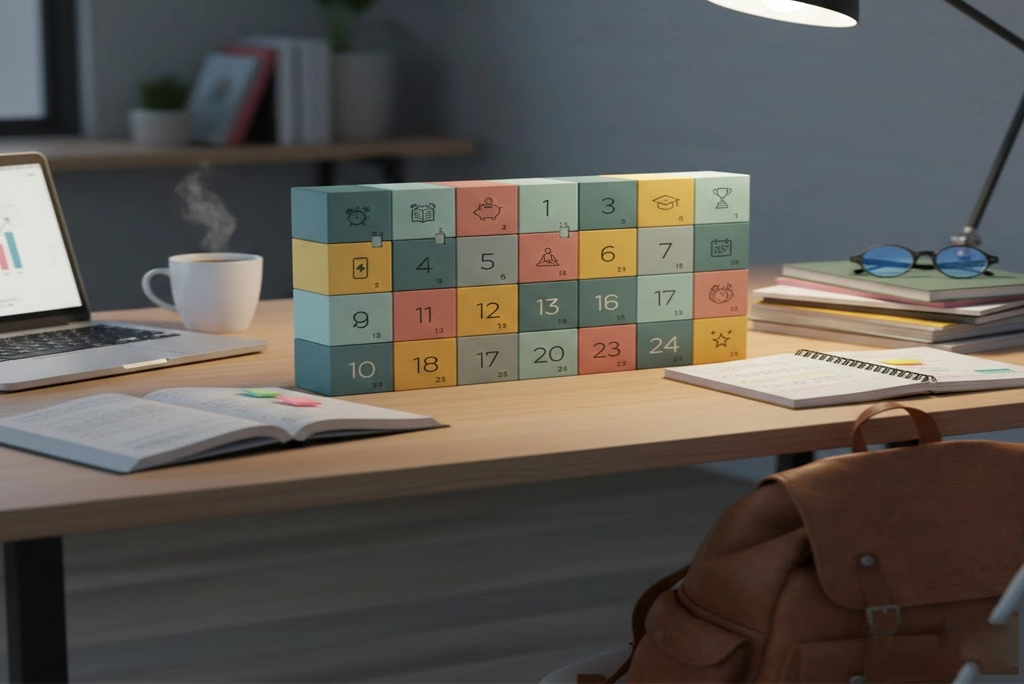 Imagen de un calendario de adviento moderno y juvenil con 24 cajitas numeradas, rodeado de objetos universitarios como un portátil, una taza de café, unos apuntes y una mochila. Representa visualmente los consejos universitarios esenciales que se revelan día a día.