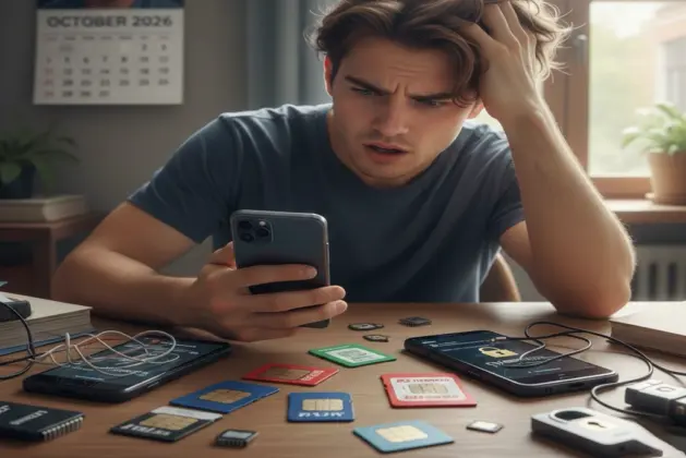Joven revisando su smartphone con expresión de frustración, ilustrando los nuevos obstáculos para la portabilidad telefónica y el cambio de operador móvil con chips de distintas compañías en 2026.