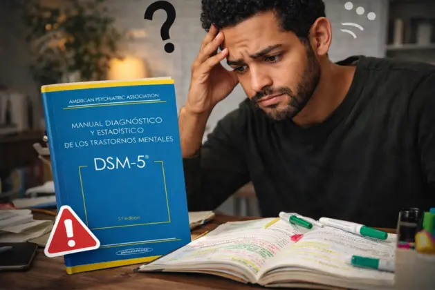 Joven con cara de duda sobre el manual DSM-5 sobre una mesa de trabajo, con apuntes y resaltadores, simbolizando los próximos cambios en el DSM anunciados por la APA.