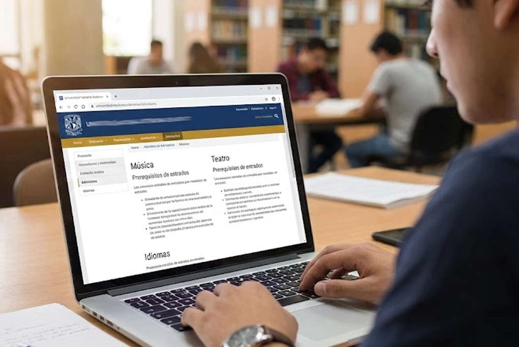 Estudiante revisando convocatorias en laptop, enfocado en carreras UNAM con prerrequisitos de ingreso como música, teatro e idiomas.