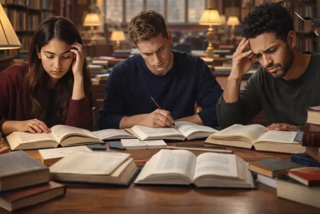 Jóvenes universitarios sentados en la biblioteca de la Universidad de Oxford, rodeados de libros, simbolizando el reto y la exigencia de las carreras más difíciles según la prestigiosa institución.