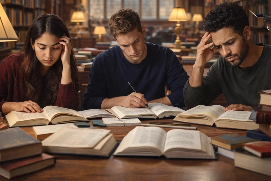 Jóvenes universitarios sentados en la biblioteca de la Universidad de Oxford, rodeados de libros, simbolizando el reto y la exigencia de las carreras más difíciles según la prestigiosa institución.