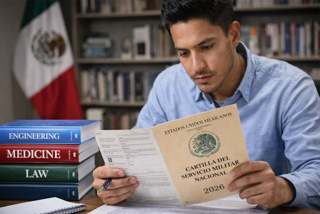 Joven revisando un documento oficial junto a libros universitarios, representando la importancia de la cartilla militar para las carreras que requieren cartilla militar en 2026.