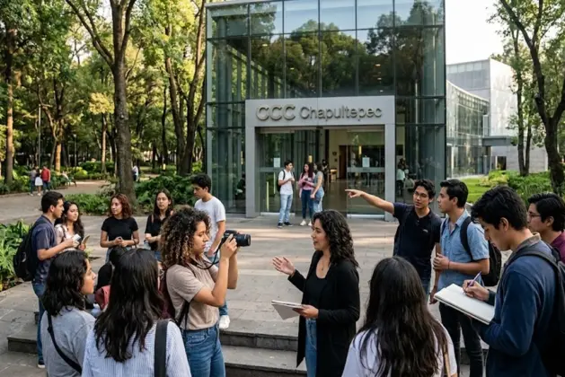 Grupo de jóvenes estudiantes conversando frente a la entrada del CCC Chapultepec durante la segunda convocatoria CCC 2026, con laptops y guiones en mano.
