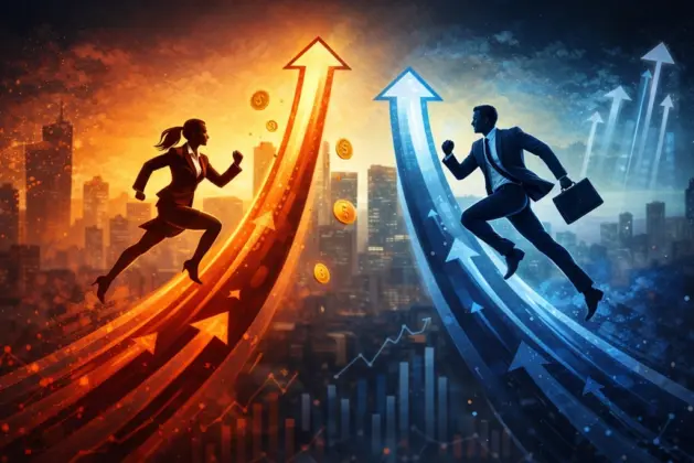 Ilustración conceptual sobre los beneficios de la competitividad mostrando siluetas de personas que simbolizan rivalidad positiva y crecimiento profesional.