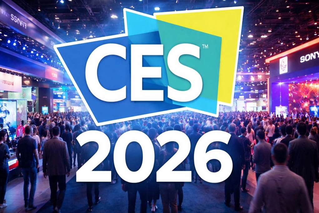 CES 2026 mostrando las últimas tendencias tech, incluyendo hologramas de IA, gafas de realidad extendida y robots humanoides, en un entorno futurista y dinámico.