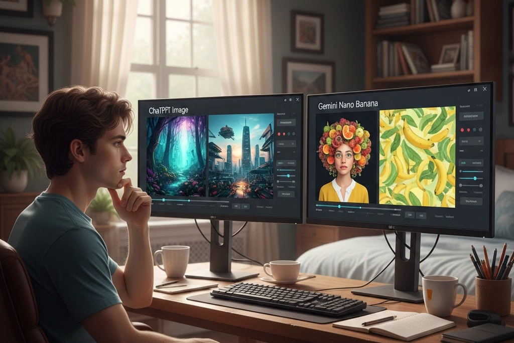 joven en su habitación arreglada tratando de decidir entre las interfaces de edición de ChatGPT Image y Gemini Nano Banana, mostrando ejemplos de imágenes editadas con ambas inteligencias artificiales en dos computadoras