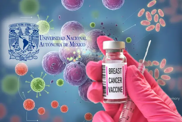Ilustración científica que representa cómo la vacuna contra el cáncer de mama de la UNAM ataca las células tumorales, mostrando el concepto de inmunoterapia y la memoria inmunológica.