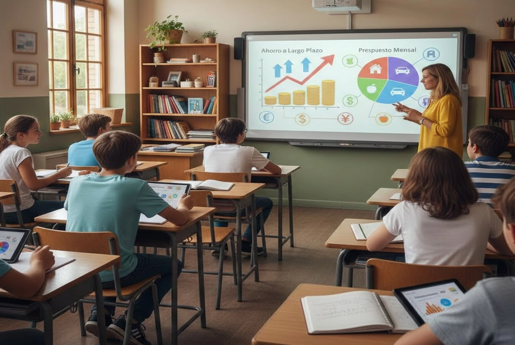estudiantes en un salón de clases participando en una clase de educación financiera, analizando gráficas de ahorro y presupuesto.