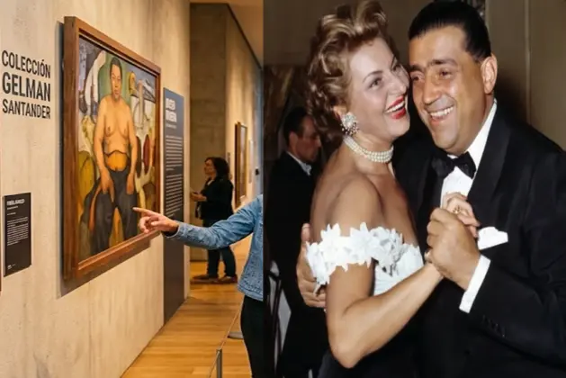 Exposición de la colección Gelman Santander en el Museo de Arte Moderno de México con obras de Frida Kahlo y Diego Rivera al fondo, ambiente juvenil y reflectores