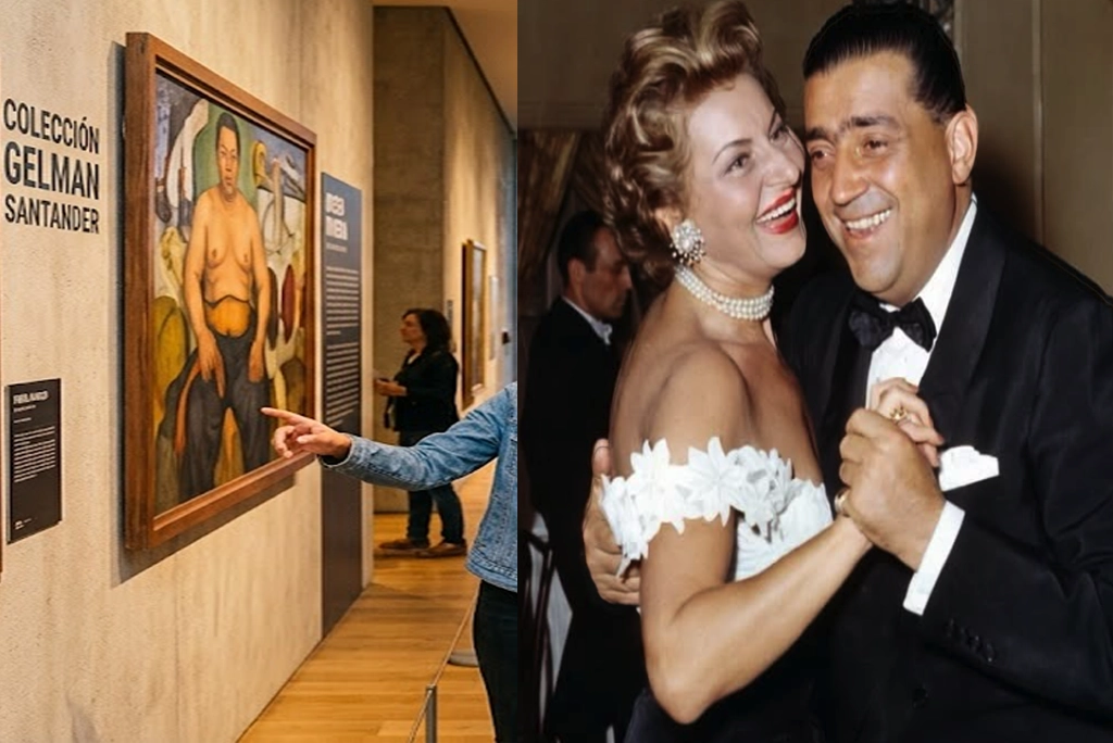 Exposición de la colección Gelman Santander en el Museo de Arte Moderno de México con obras de Frida Kahlo y Diego Rivera al fondo, ambiente juvenil y reflectores