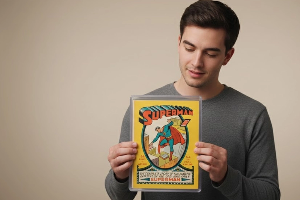 Ejemplar de Superman #1 de 1939, conocido como el cómic más caro de la historia, exhibido sobre un fondo neutro que resalta su perfecto estado de conservación