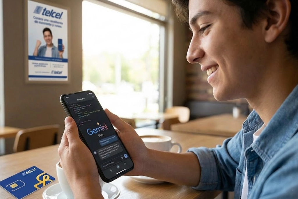Joven usando un smartphone con la interfaz de Gemini Pro en pantalla, representando la promoción de Gemini Pro con plan Telcel