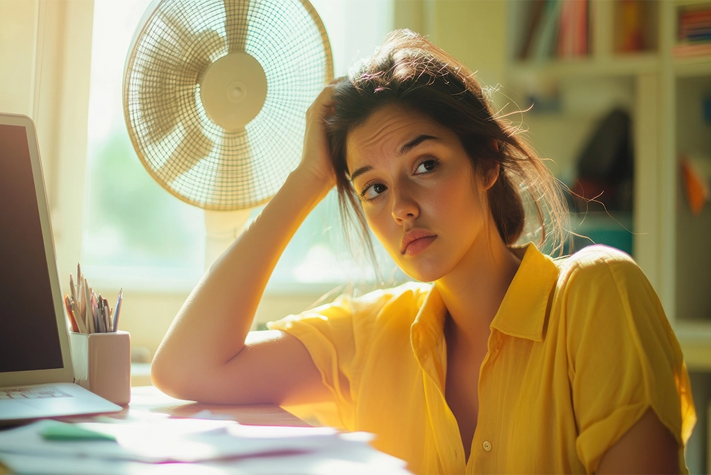 joven estudiante sobre su escritorio tratando de estudiar pero mostrando cómo el calor afecta su rendimiento académico al no poderse concentrar