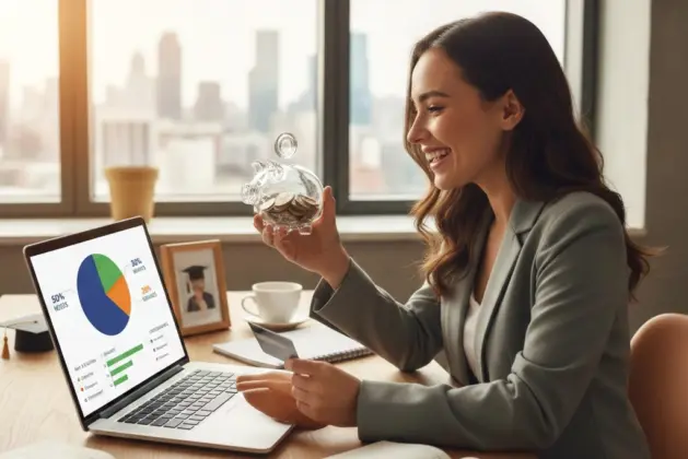 Joven profesional sonriente organizando sus finanzas en una laptop, representando el concepto de cómo ahorrar sueldo usando la regla 50/30/20 en su primera chamba.