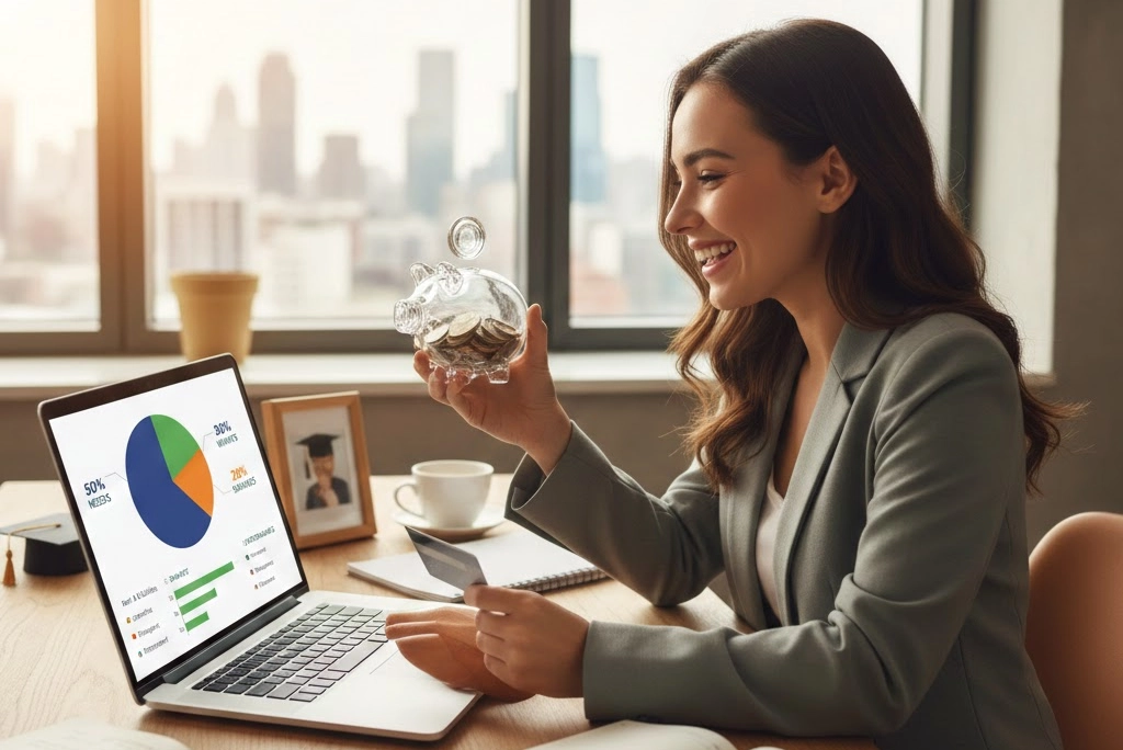 Joven profesional sonriente organizando sus finanzas en una laptop, representando el concepto de cómo ahorrar sueldo usando la regla 50/30/20 en su primera chamba.