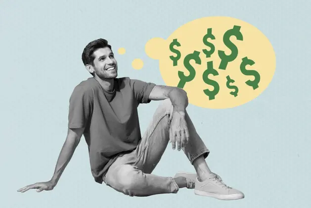 Ilustración de un joven que piensa en cómo ahorrar fácilmente para viajar