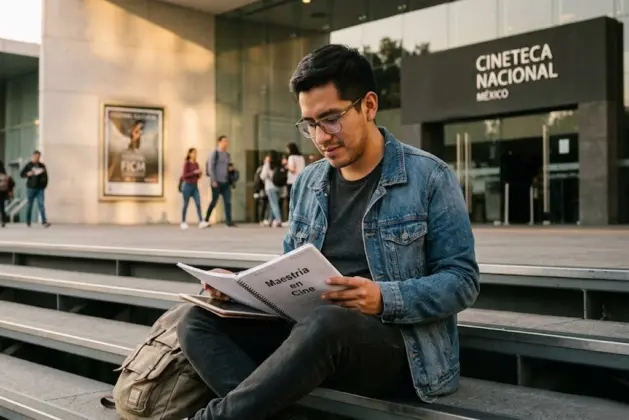 Estudiante joven revisando una guía de "Requisitos maestría en cine en la Cineteca" mientras sostiene una claqueta frente a la fachada moderna de la Cineteca Nacional en CDMX.