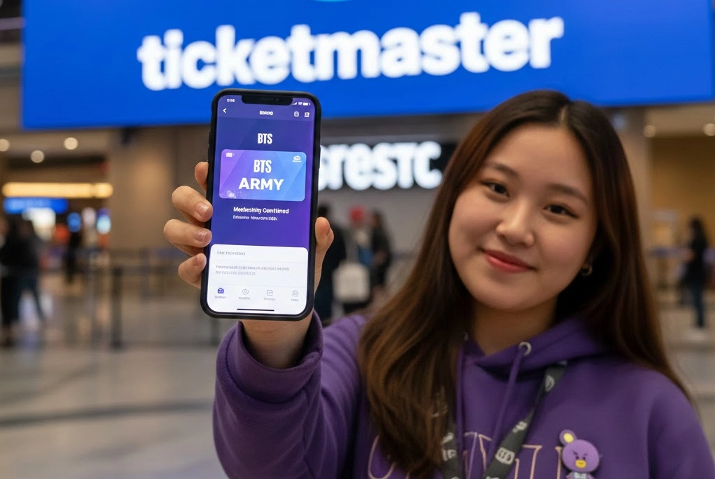 Joven fan de BTS usando su celular para mostrar la confirmación de su ARMY membership BTS en la app Weverse, con el logo de Ticketmaster de fondo.