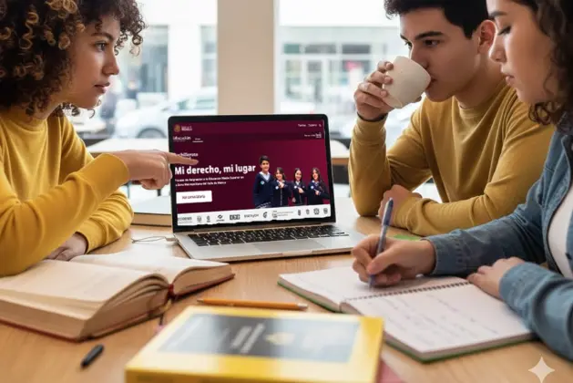 Estudiantes jóvenes revisando sus opciones de prepa en una laptop, con la página de mi derecho mi lugar abierta, libretas y café de por medio, en un ambiente relajado y juvenil.