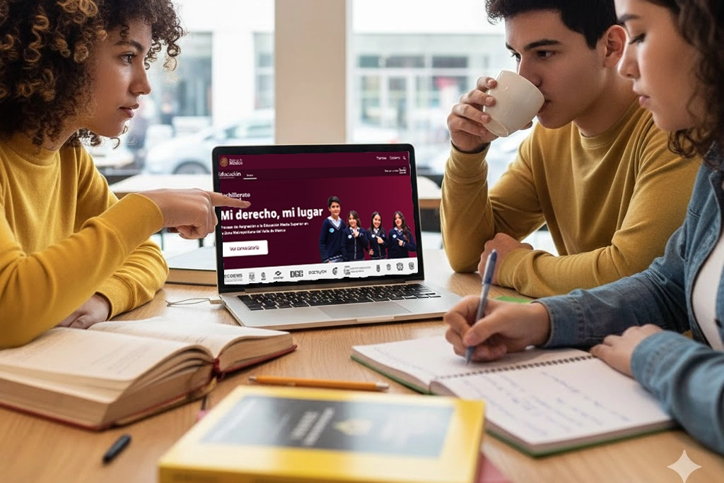 Estudiantes jóvenes revisando sus opciones de prepa en una laptop, con la página de mi derecho mi lugar abierta, libretas y café de por medio, en un ambiente relajado y juvenil.