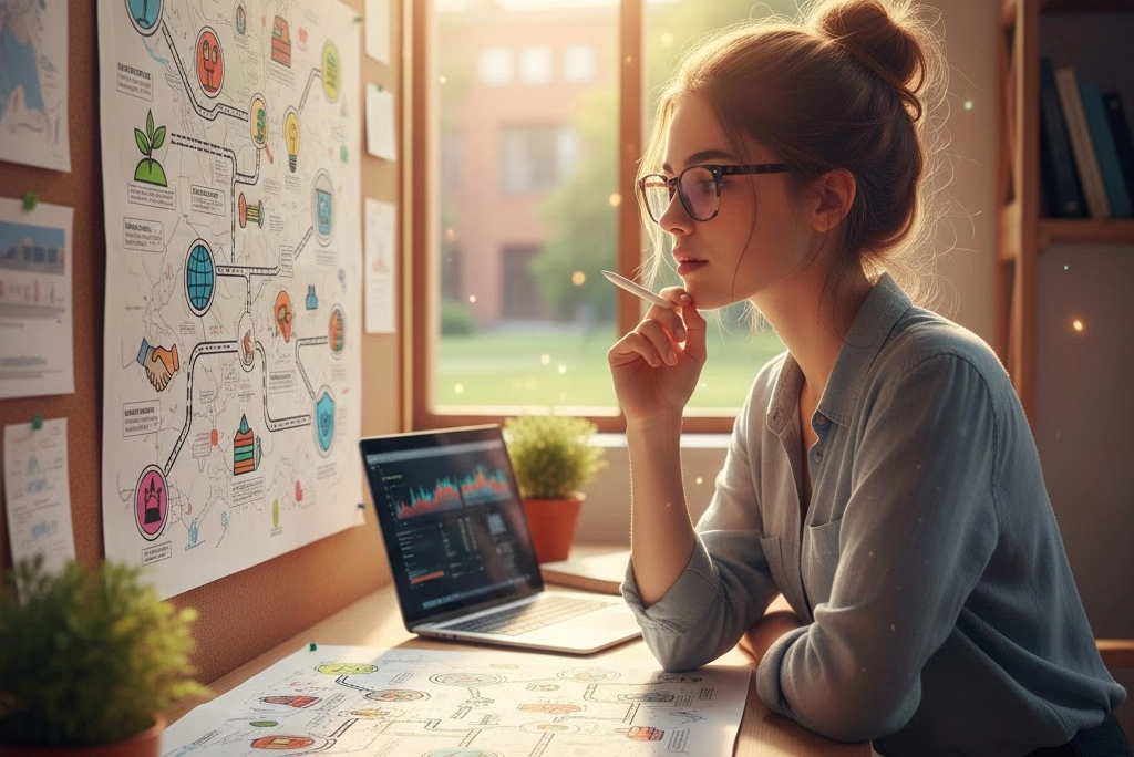 Joven estudiante analizando un mapa de ruta con iconos de crecimiento, representando la búsqueda de áreas de oportunidad para el futuro.