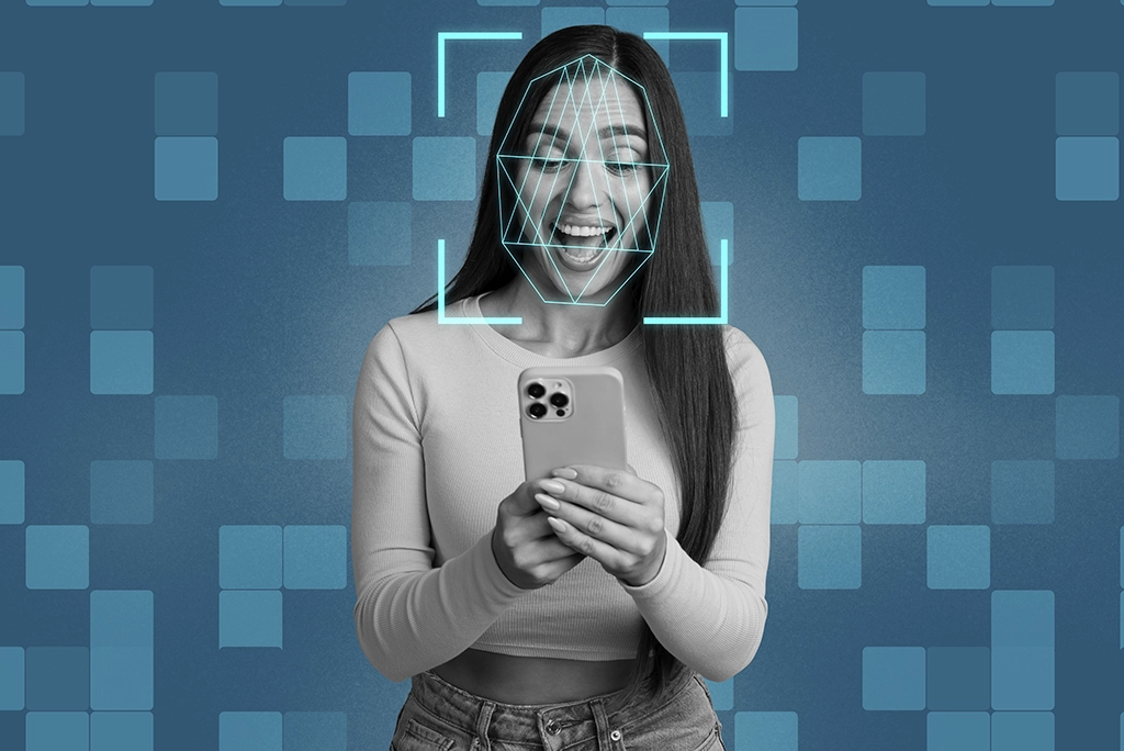 Ilustración abstracta y juvenil que explica la ciencia del Face ID, mostrando un rostro sobre un plano cartesiano 3D con puntos de medición y líneas de conexión que representan la trigonometría del reconocimiento facial
