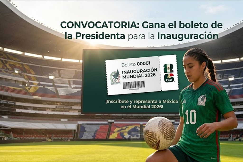 Imagen de portada que ilustra la convocatoria boletos inauguración mundial lanzada por Sheinbaum: una joven mexicana realiza dominadas con un balón de fútbol en un estadio, mientras en la pantalla gigante se muestra el Boleto 00001 para el Mundial 2026.