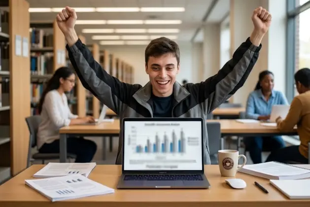 Joven investigador universitario sentado frente a una computadora portátil con una taza de café, revisando una gráfica de datos científicos en su pantalla y celebrando con los brazos en alto. La imagen representa la guía sobre cómo hacer un artículo científico y lograr su publicación.