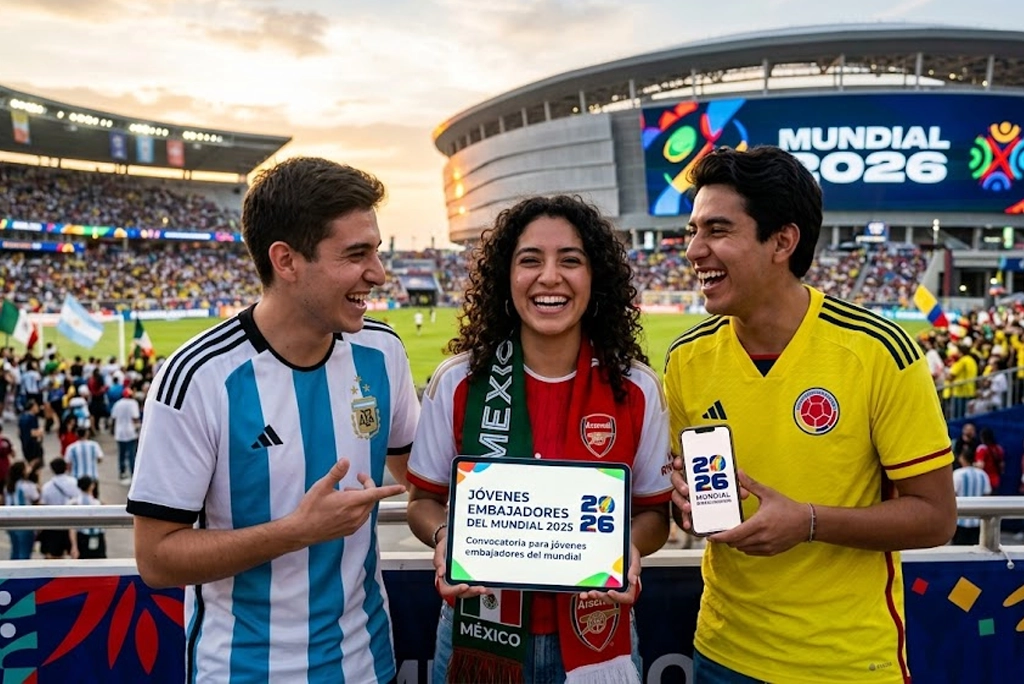 Grupo de jóvenes diversos de 18 a 29 años con camisetas de fútbol sosteniendo un cartel que dice “Convocatoria para jóvenes embajadores del mundial 2026” frente al logo de la Copa Mundial FIFA 2026.