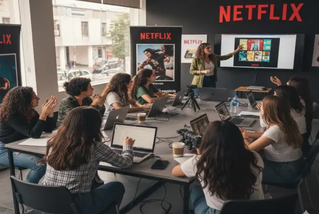 Grupo diverso de mujeres jóvenes participando activamente en uno de los talleres cine Netflix gratuitos en la Ciudad de México.