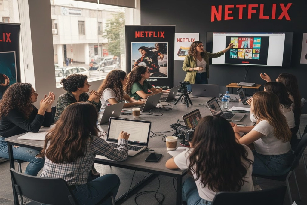 Grupo diverso de mujeres jóvenes participando activamente en uno de los talleres cine Netflix gratuitos en la Ciudad de México.