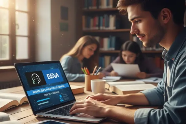 Estudiante joven utilizando una laptop con el logotipo de ChatGPT y BBVA en pantalla, representando la activación y uso de la promoción chatgpt gratis con bbva para proyectos académicos.