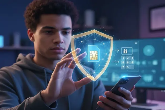 Joven protegiendo simbólicamente la tarjeta SIM de su celular con un escudo digital. Guía visual sobre cómo poner pin al sim para aumentar la seguridad de la línea móvil.