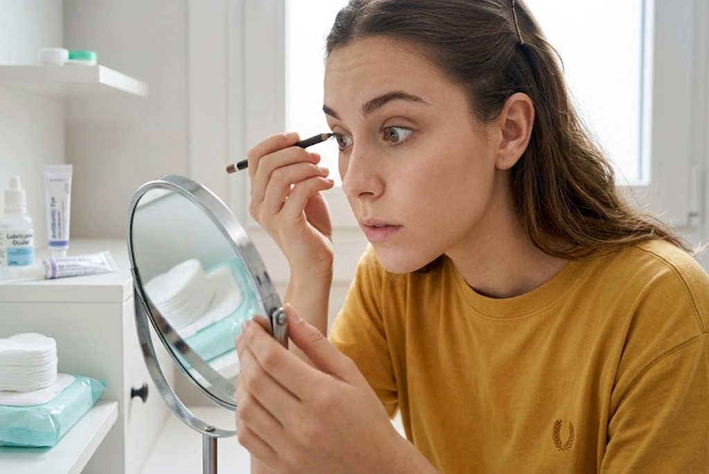 Joven universitaria aplicando maquillaje en sus ojos con cuidado, concepto de maquillaje y salud visual, fondo con elementos de higiene ocular.