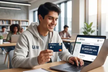 Joven sonriente sosteniendo su tarjeta del Banco del Bienestar mientras revisa su celular con la notificación de la beca Benito Juárez pago doble de abril 2026.