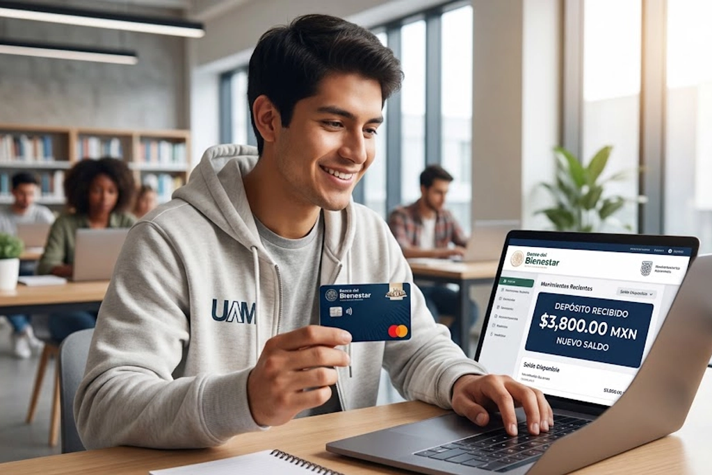 Joven sonriente sosteniendo su tarjeta del Banco del Bienestar mientras revisa su celular con la notificación de la beca Benito Juárez pago doble de abril 2026.